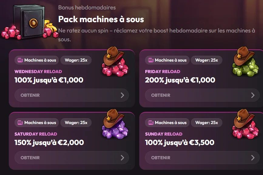 Mad Casino – pack machines à sous, reloads hebdomadaires jusqu'à 3500€