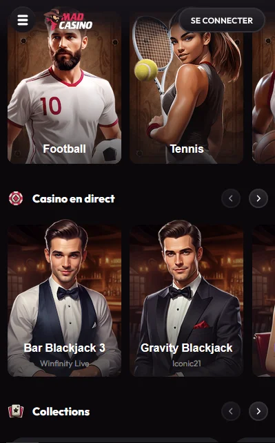 Mad Casino – lobby mobile avec sports et casino en direct